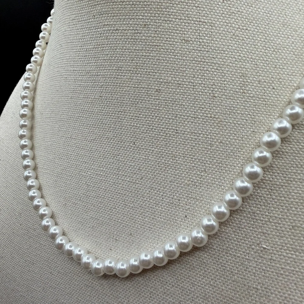 White Faux Pearl Necklace Silver Tone Extender Clasp Coquette Bridal Jewelry